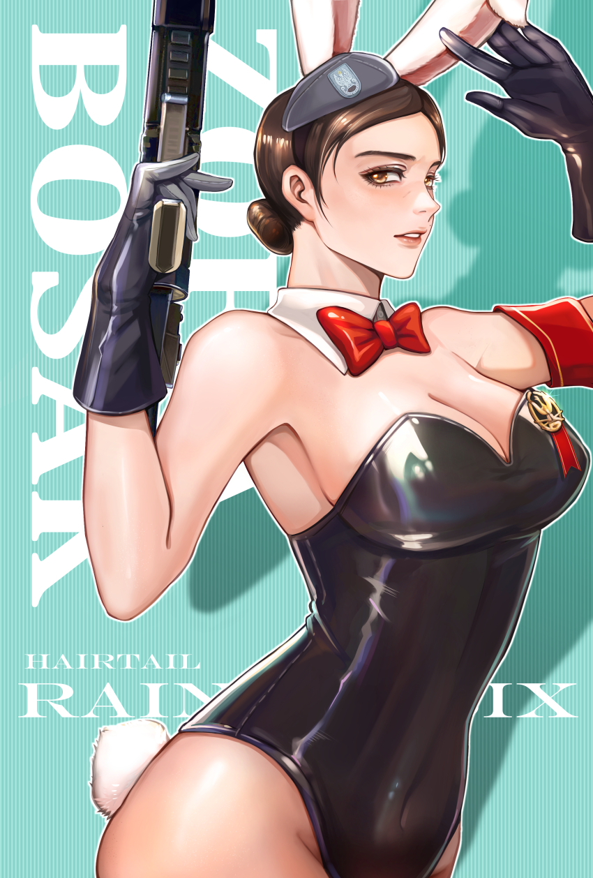 1girl, absurdres, animal_ears, armband, black_gloves, bow, bowtie, breasts, brown_eyes, brown_hair, cleavage, covered_navel, detached_collar, fake_animal_ears, fake_tail, gloves, gun, hairtail, hat, highres, holding, holding_gun, holding_weapon, medal, playboy_bunny, rainbow_six, rainbow_six_siege, red_bow, red_bowtie, solo, tail, weapon, zofia_(rainbow_six_siege)