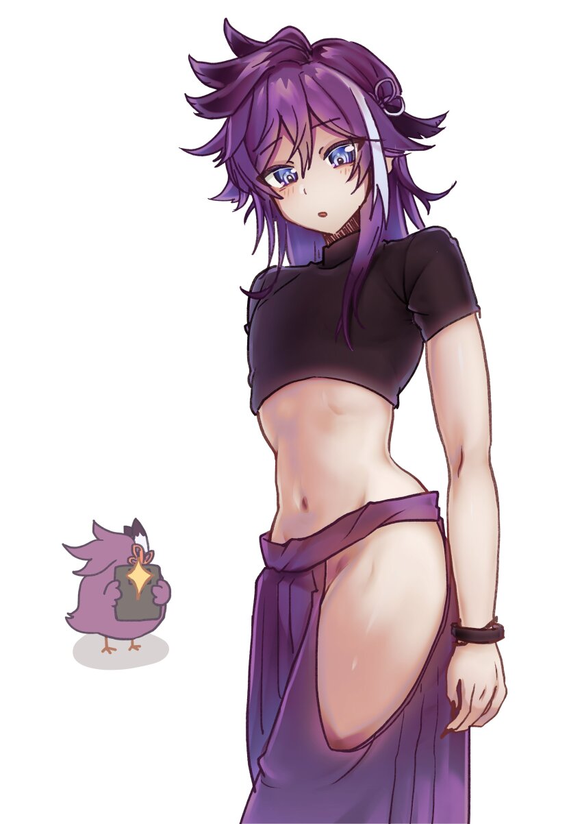 1boy, :o, absurdres, banzoin_hakka, black_shirt, blue_eyes, bracelet, clothing_cutout, commentary, cowboy_shot, cropped_shirt, english_commentary, groin, hair_between_eyes, hakama, hakkito_(banzoin_hakka), highres, hip_vent, holding, holding_phone, holostars, japanese_clothes, jewelry, looking_down, male_focus, midriff, multicolored_hair, navel, ogyuu_art, phone, purple_hair, purple_hakama, shirt, simple_background, solo, streaked_hair, taking_picture, trap, virtual_youtuber, white_background, white_hair