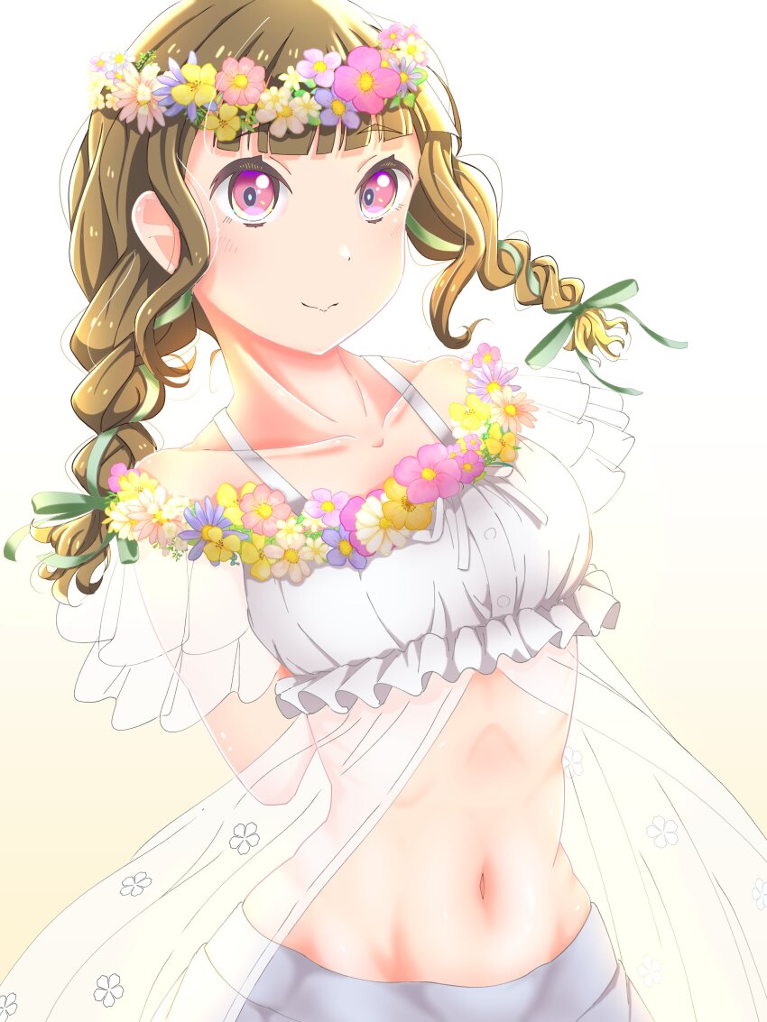 1girl, absurdres, arms_behind_back, bare_shoulders, bikini, blunt_bangs, blush, braid