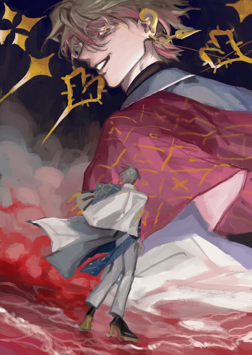 2boys, black_shirt, blue_scarf, coat, eki_eveland, fishnet_gloves, fishnets, from_behind