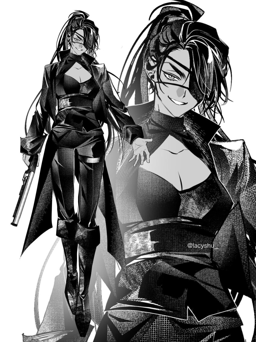 1girl, alien_stage, alternate_costume, artist_name, boots, breasts, cleavage, cleavage_cutout, clothing_cutout, coat, commentary, english_commentary, eyepatch, full_body, greyscale, gun, high_ponytail, highres, holding, holding_gun, holding_weapon, hyuna_(alien_stage), knee_boots, lacyshu, long_hair, long_sleeves, monochrome, one_eye_covered, pants, ponytail, smile, solo, turtleneck, very_long_hair, weapon, zoom_layer