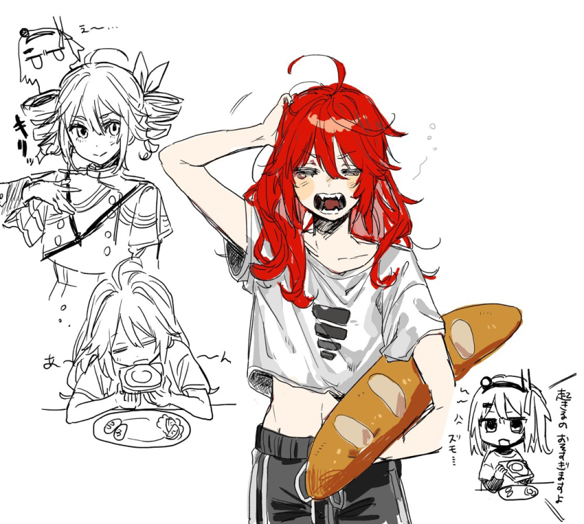 2girls, a.i._voice, adachi_rei, ahoge, annoyed, baguette, black_shorts, bread, bread_slice, closed_eyes, drill_hair, eating, fangs, food, hair_down, iwashi_(wawaisi_iwasi), jitome, kasane_teto, kasane_teto_(sv), long_hair, midriff, multiple_girls, multiple_views, open_mouth, partially_colored, plate, red_hair, shirt, short_hair, short_sleeves, shorts, sketch, solo_focus, squeans, synthesizer_v, table, toast, translation_request, twin_drills, utau, white_shirt, yawning