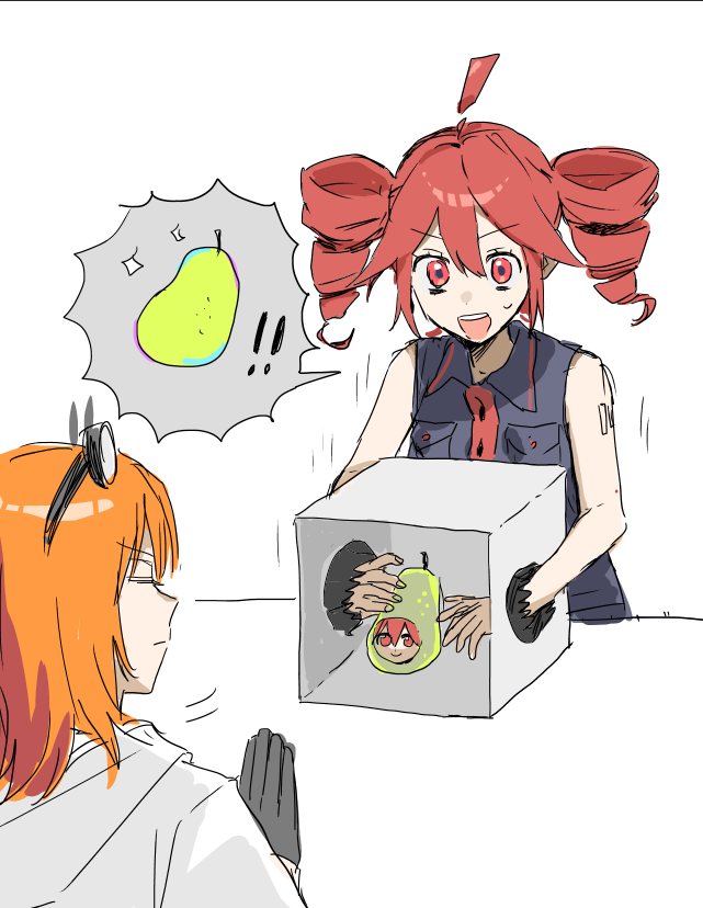2girls, a.i._voice, adachi_rei, ahoge, bare_arms, black_shirt, box, closed_eyes, collared_shirt, drill_hair, food, fruit, iwashi_(wawaisi_iwasi), kasane_teto, kasane_teto_(utau), motion_lines, multiple_girls, open_mouth, orange_hair, pear, pearto, red_eyes, red_hair, shirt, short_hair, sleeveless, sleeveless_shirt, smile, sparkle, spoken_object, sweatdrop, twin_drills, utau
