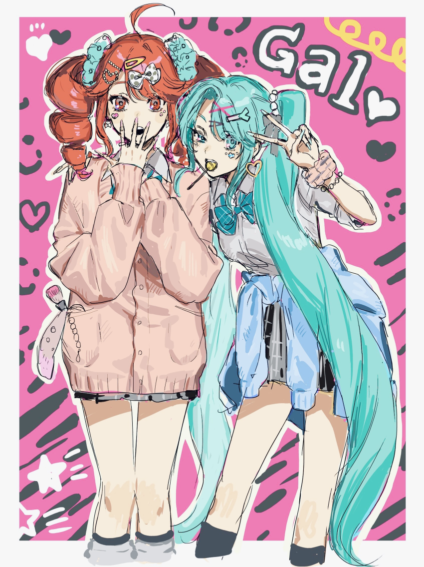 2girls, ahoge, alternate_costume, aqua_eyes, aqua_hair, asymmetrical_bangs, black_skirt, bow, bowtie, breasts, candy, cardigan, clothes_around_waist, covering_own_mouth, cropped_legs, drill_hair, food, gyaru, hair_bow, hair_ornament, hair_scrunchie, hairclip, half-closed_eye, hand_on_another's_shoulder, hatsune_miku, heart, highres, iwashi_(wawaisi_iwasi), jacket, kasane_teto, kogal, lollipop, long_hair, long_sleeves, looking_at_viewer, mouth_hold, multiple_girls, pink_jacket, red_eyes, red_hair, school_uniform, scrunchie, shirt, skirt, small_breasts, spread_fingers, star_(symbol), sticker, sticker_on_face, twin_drills, twintails, utau, v, very_long_hair, vocaloid, white_shirt, wrist_scrunchie