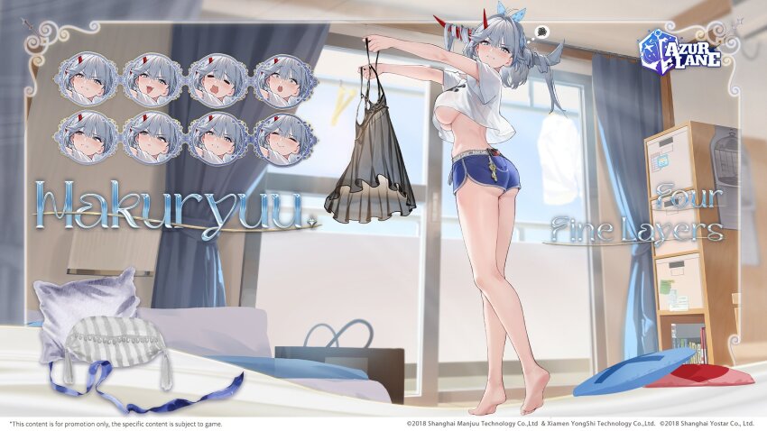 1girl, artist_request, ass, azur_lane, barefoot, bed, blue_shorts, breasts