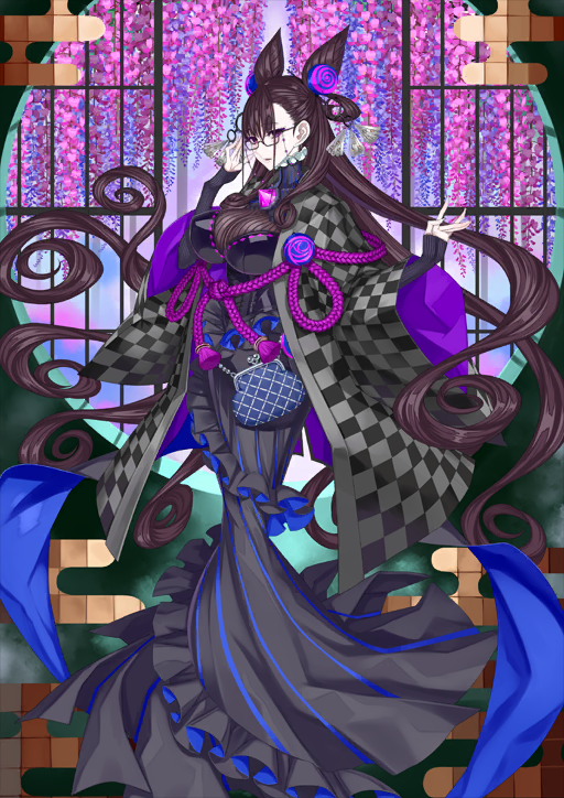 1girl, adjusting_eyewear, bag, black-framed_eyewear, black_corset, black_dress, breasts, brown_hair