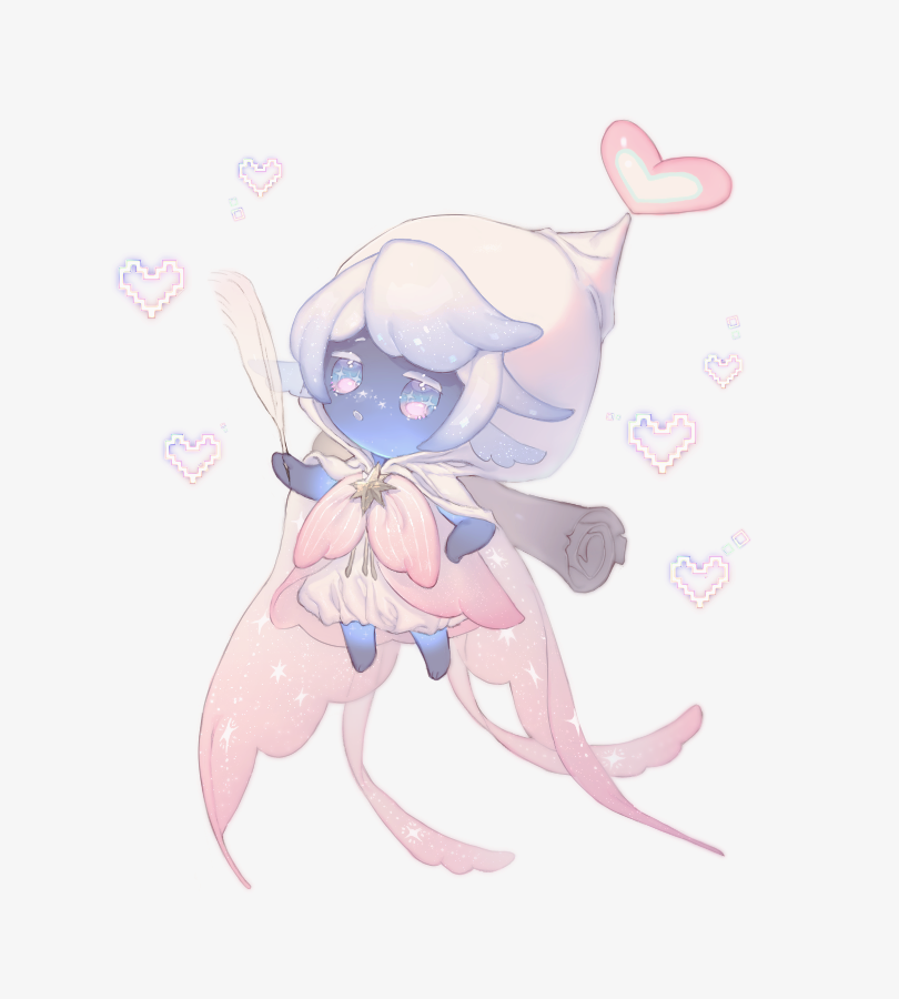 1boy, blue_eyes, blue_skin, boboda_(infinity_nikki), bow, bowtie, brooch, chibi, cloak, colored_skin, commentary_request, faewish_sprite, fins, floating, freckles, full_body, gradient_cloak, grey_background, hand_on_own_hip, hat_ornament, head_fins, heart, heart_hat_ornament, holding, holding_quill, hood, hood_up, hooded_cloak, infinity_nikki, jewelry, looking_ahead, male_focus, multicolored_eyes, nikki_(series), parted_lips, pink_bow, pink_bowtie, pink_clouds, pink_eyes, quill, robe, scroll, short_hair, simple_background, solo, sparkle, star_brooch, swept_bangs, talking, tinakko, two-tone_eyes, vertical-striped_bowtie, white_cloak, white_hair, white_robe