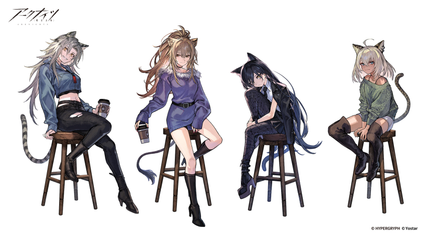 4girls, alternate_costume, animal_ear_fluff, animal_ears, arknights, belt, black_boots, black_hair