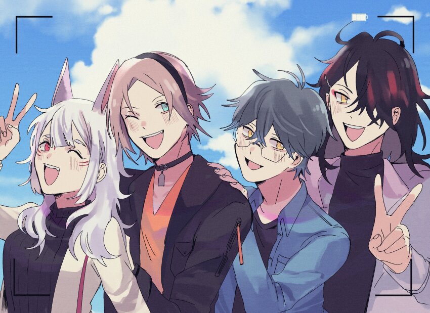 1girl, 3boys, animal_ears, black_collar, black_hair, black_hairband, black_jacket, black_shirt