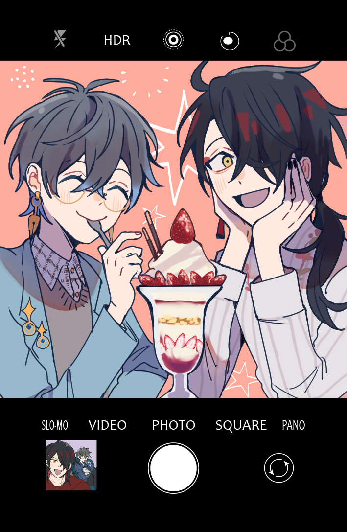 2boys, ahoge, black_hair, black_nails, black_pants, blue_hair, blue_hoodie, blue_jacket