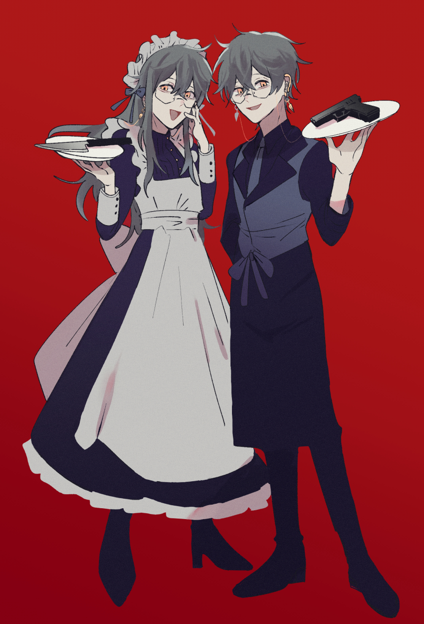 1boy, 1girl, alternate_costume, apron, black_boots, black_shirt, blue_dress, boots, bug_bbb, butler, collared_shirt, dress, dual_persona, earrings, enmaided, eyewear_strap, film_grain, full_body, genderswap, genderswap_(mtf), glasses, grey_hair, gun, hair_between_eyes, high_heels, highres, holding, holding_tray, ike_eveland, jewelry, knife, long_hair, long_sleeves, looking_at_viewer, maid, maid_apron, maid_headdress, necktie, nijisanji, nijisanji_en, open_mouth, red_background, shirt, simple_background, smile, tray, virtual_youtuber, weapon, white_apron, yellow_eyes