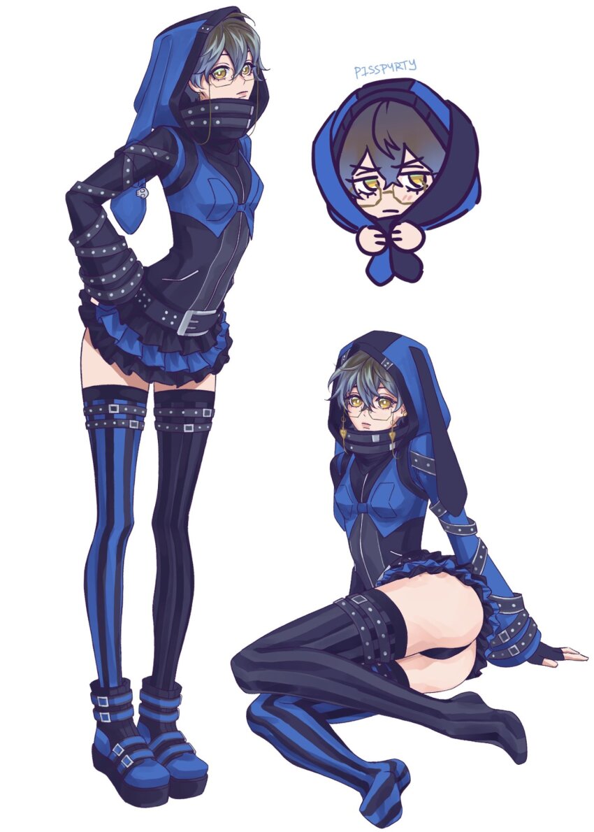 1boy, animal_hood, artist_name, ass, asymmetrical_legwear, black_thighhighs, blue_hair, blue_skirt