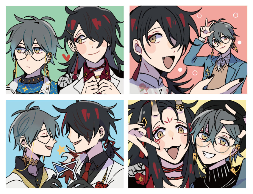 2boys, beret, black_gloves, black_shirt, black_sweater, blue_background, blue_eyes, blue_hair