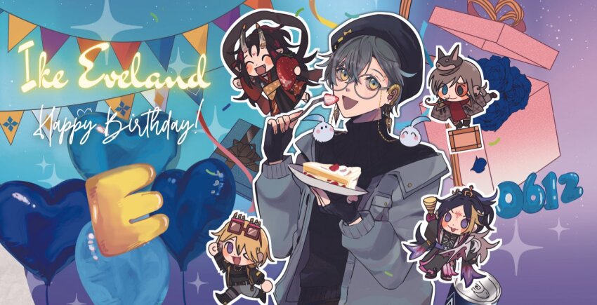 5boys, animal_ear_headwear, animal_ears, balloon, beret, black_gloves, black_hair, blonde_hair