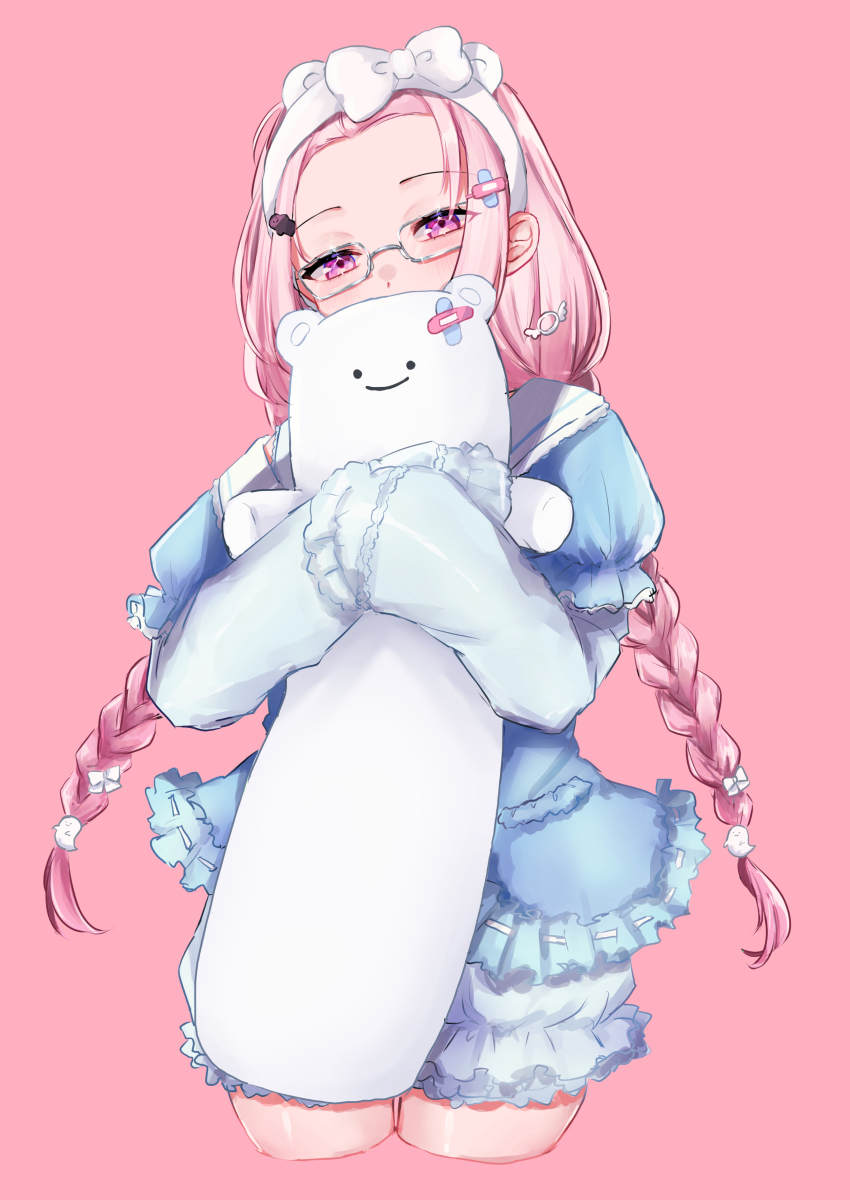 1girl, absurdres, bandaid, bandaid_hair_ornament, bangs_pinned_back, bloomers, blue_bloomers, blue_pajamas