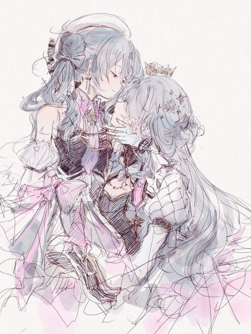 2girls, arm_cuffs, beret, blue_hair, brooch, covered_eyes, crown, dual_persona