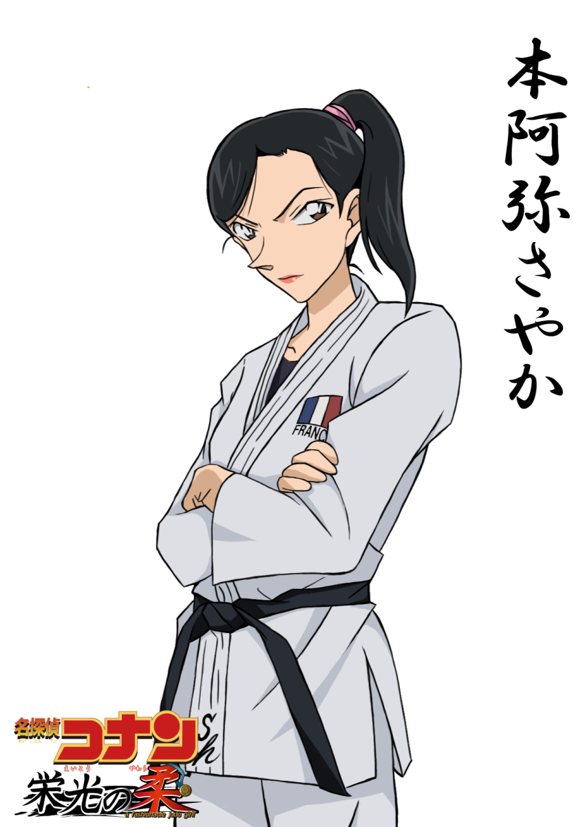 1girl, black_hair, black_sash, black_shirt, brown_eyes, character_name, closed_mouth, copyright_logo, copyright_name, cowboy_shot, crossed_arms, dougi, french_flag, high_ponytail, highres, hiko_(jihen_m), honami_sayaka, judo, logo, looking_to_the_side, meitantei_conan, obi, parody, ponytail, sash, shirt, simple_background, solo, standing, style_parody, white_background, yawara_a_fashionable_judo_girl