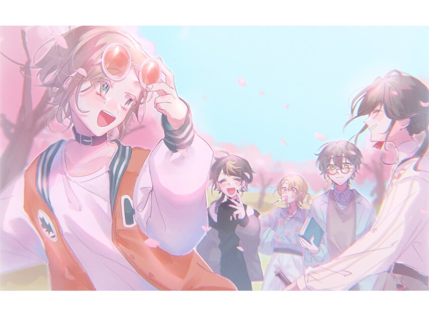 5boys, adjusting_eyewear, belt, belt_collar, black_hair, blonde_hair, blue_hair, blue_jacket, blue_shirt, blurry, book, brown_hair, cherry_blossoms, chest_tattoo, closed_eyes, collar, collared_shirt, dango, day, depth_of_field, earrings, eyewear_on_head, food, glasses, gradient_hair, hanami, highres, holding, holding_book, ike_eveland, ike_eveland_(sakura_bloom), jacket, jewelry, letterboxed, letterman_jacket, long_sleeves, looking_back, luca_kaneshiro, luca_kaneshiro_(sakura_bloom), luxiem, male_focus, meguru_(chitose_meguru), multicolored_hair, multiple_boys, mysta_rias, mysta_rias_(sakura_bloom), nijisanji, nijisanji_en, oni_giri_(vox_akuma), open_clothes, open_jacket, open_mouth, orange-tinted_eyewear, outdoors, pants, parted_bangs, purple_eyes, red_hair, sanshoku_dango, shirt, shu_yamino, shu_yamino_(sakura_bloom), single_earring, sleeveless, sleeveless_turtleneck, smile, streaked_hair, sweater, sweater_vest, tassel, tassel_earrings, tattoo, tinted_eyewear, turtleneck, turtleneck_sweater, virtual_youtuber, vox_akuma, vox_akuma_(sakura_bloom), wagashi, white-framed_eyewear, white_pants, white_shirt