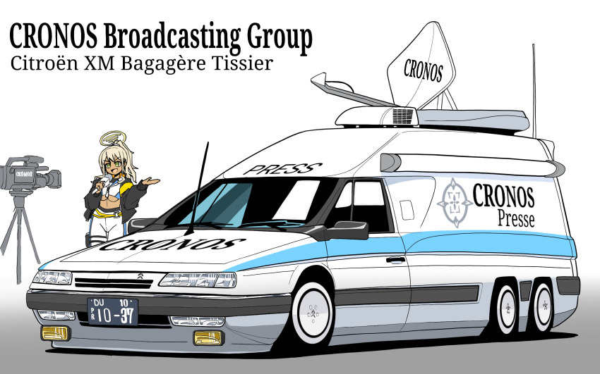 1girl, :d, black_jacket, blonde_hair, blue_archive, breasts, car, citroen, citroen_xm, commentary, cropped_shirt, dark-skinned_female, dark_skin, english_commentary, english_text, french_text, green_eyes, halo, hands_up, highres, holding, holding_microphone, jacket, large_breasts, microphone, motor_vehicle, news_van, open_clothes, open_jacket, open_mouth, pants, ricd0m, shinon_(blue_archive), shirt, smile, solo, tv_camera, underboob, v-shaped_eyebrows, van, vehicle_focus, video_camera, white_car, white_pants, white_shirt, yellow_halo