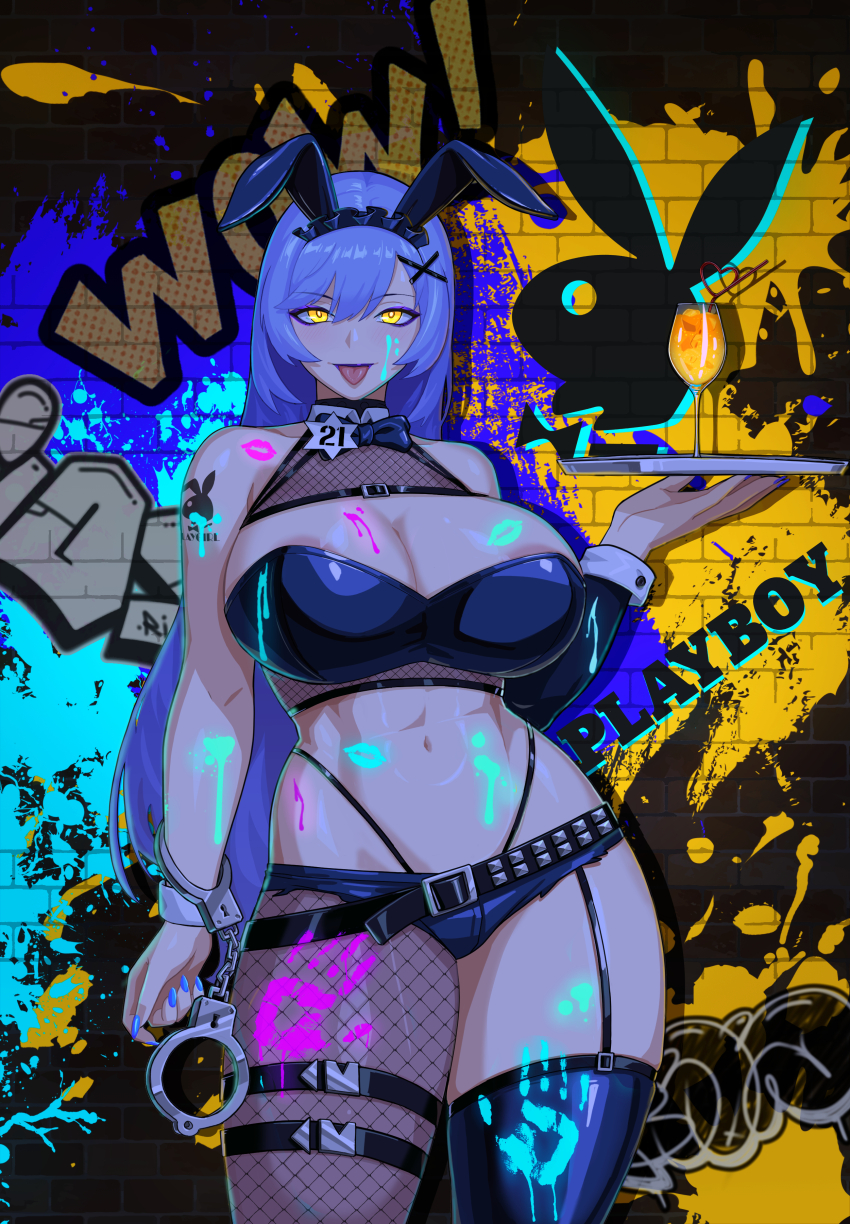 1girl, absurdres, animal_ears, areola_slip, bare_shoulders, black_panties, black_shorts, black_thighhighs, black_tube_top, blue_hair, breasts, cocktail_glass, cowboy_shot, cuffs, cup, denim, denim_shorts, drinking_glass, eyeshadow, f.b.w, fake_animal_ears, fishnet_pantyhose, fishnets, garter_straps, girls'_frontline, glowing, glowing_lipstick_mark, glowing_liquid, handcuffs, highleg, highleg_panties, highres, holding, holding_tray, large_breasts, long_hair, makeup, navel, panties, pantyhose, playboy_bunny, purple_eyeshadow, rabbit_ears, short_shorts, shorts, shoulder_tattoo, single_leg_pantyhose, solo, strapless, tar-21_(girls'_frontline), tattoo, thighhighs, tray, tube_top, underwear, yellow_eyes