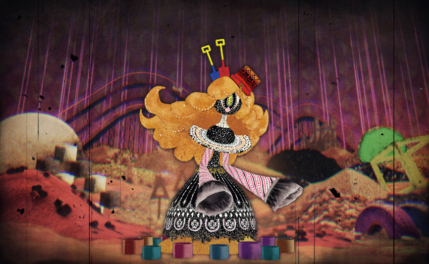 1girl, abstract, artist_request, black_dress, bucket, dress, film_grain, frilled_sleeves, frills, full_body, game_cg, highres, long_dress, long_hair, magia_record:_mahou_shoujo_madoka_magica_gaiden, mahou_shoujo_madoka_magica, mahou_shoujo_madoka_magica_magia_exedra, official_art, one-eyed, orange_hair, pink_sleeves, sandbox, shovel, sleeves_past_fingers, sleeves_past_wrists, solo, striped_sleeves, toy_block, very_long_hair, wavy_hair, witch's_labyrinth, witch_(madoka_magica), yellow_eyes, zenobia_(madoka_magica)