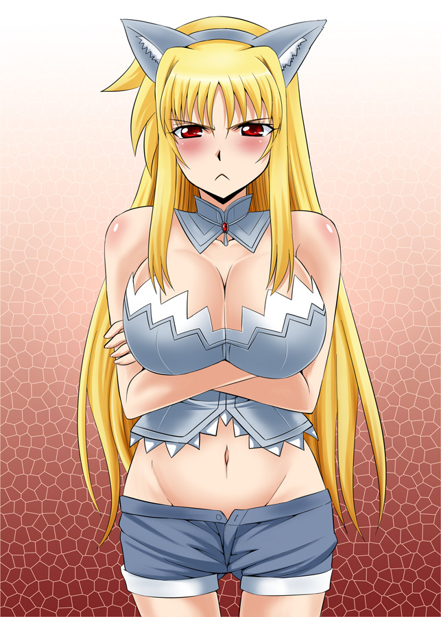 1girl, :<, animal_ears, blonde_hair, blush, body_blush, breast_hold, breasts, bustier, cleavage, cosplay, crossed_arms, dog_days, fate_testarossa, female_focus, groin, large_breasts, leonmitchelli_galette_des_rois, leonmitchelli_galette_des_rois_(cosplay), lingerie, long_hair, lyrical_nanoha, mahou_shoujo_lyrical_nanoha, mahou_shoujo_lyrical_nanoha_strikers, midriff, navel, red_eyes, short_shorts, shorts, solo, underwear, zerosu_(take_out)