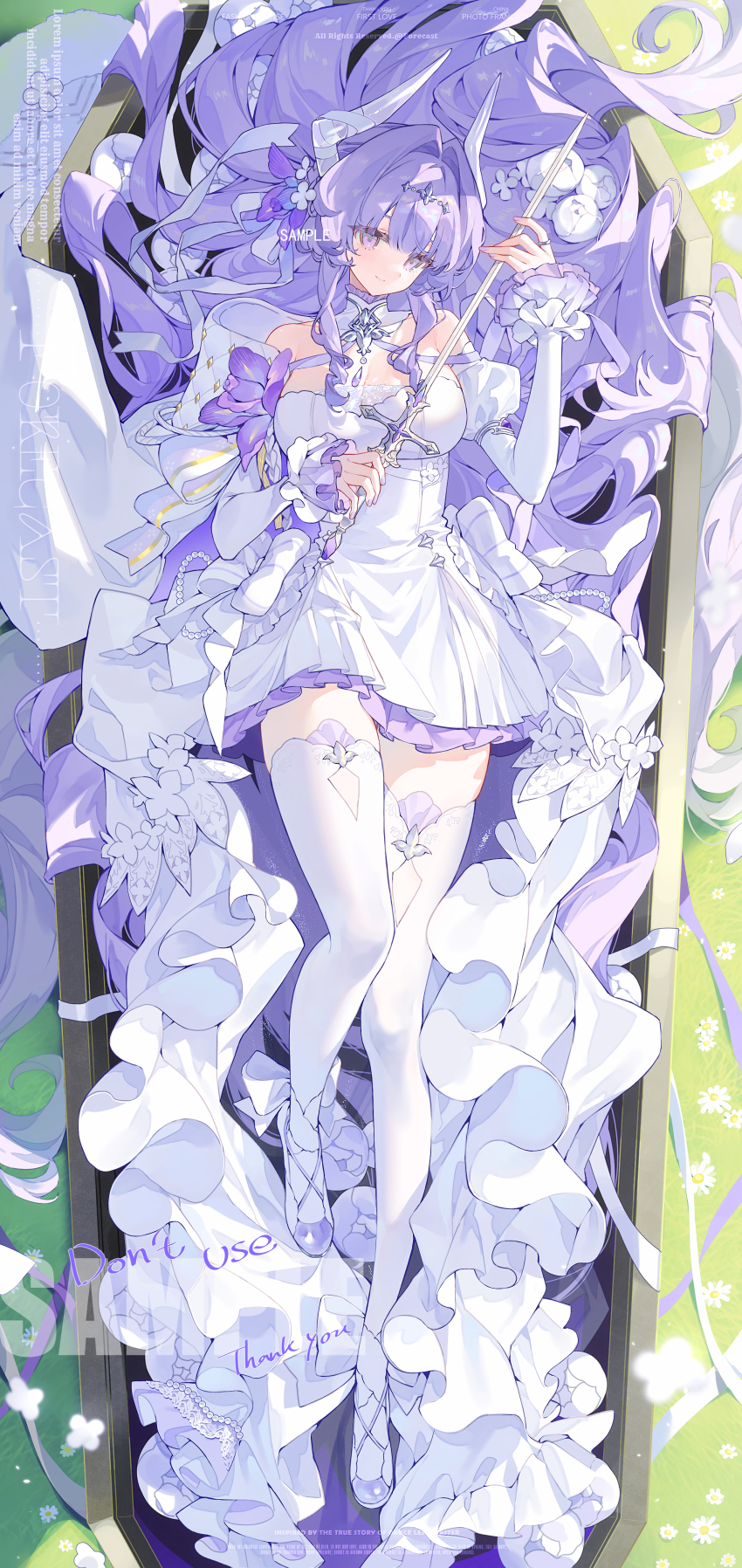 1girl, absurdres, bare_shoulders, breasts, cleavage, closed_mouth, detached_sleeves, dress, flower, frilled_dress, frills, full_body, hair_ornament, highres, holding, horns, kaomishu, large_breasts, long_hair, long_sleeves, looking_at_viewer, lying, on_back, original, purple_eyes, purple_hair, solo, sword, thighhighs, very_long_hair, weapon, white_dress, white_thighhighs