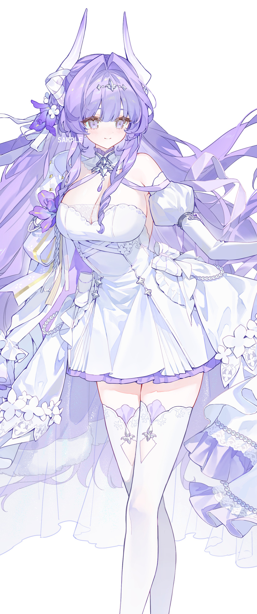 1girl, absurdres, breasts, cleavage, closed_mouth, dress, flower, gloves, hair_ornament, highres, horns, kaomishu, large_breasts, long_hair, looking_at_viewer, original, purple_eyes, purple_hair, simple_background, smile, solo, thighhighs, very_long_hair, white_background, white_dress, white_thighhighs