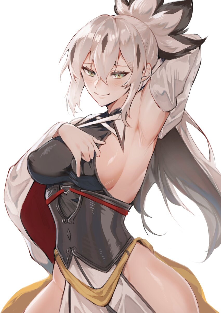 1girl, absurdres, armor, black_hair, blush, breasts, covered_erect_nipples, fate/grand_order, fate_(series), hair_between_eyes, highres, japanese_armor, kazuya_(kozun), long_hair, looking_at_viewer, medium_breasts, multicolored_hair, nagao_kagetora_(fate), ponytail, presenting_sideboob, sideboob, sidelocks, smile, solo, two-tone_hair, uesugi_kenshin_(first_ascension)_(fate), very_long_hair, white_hair, wide_sleeves