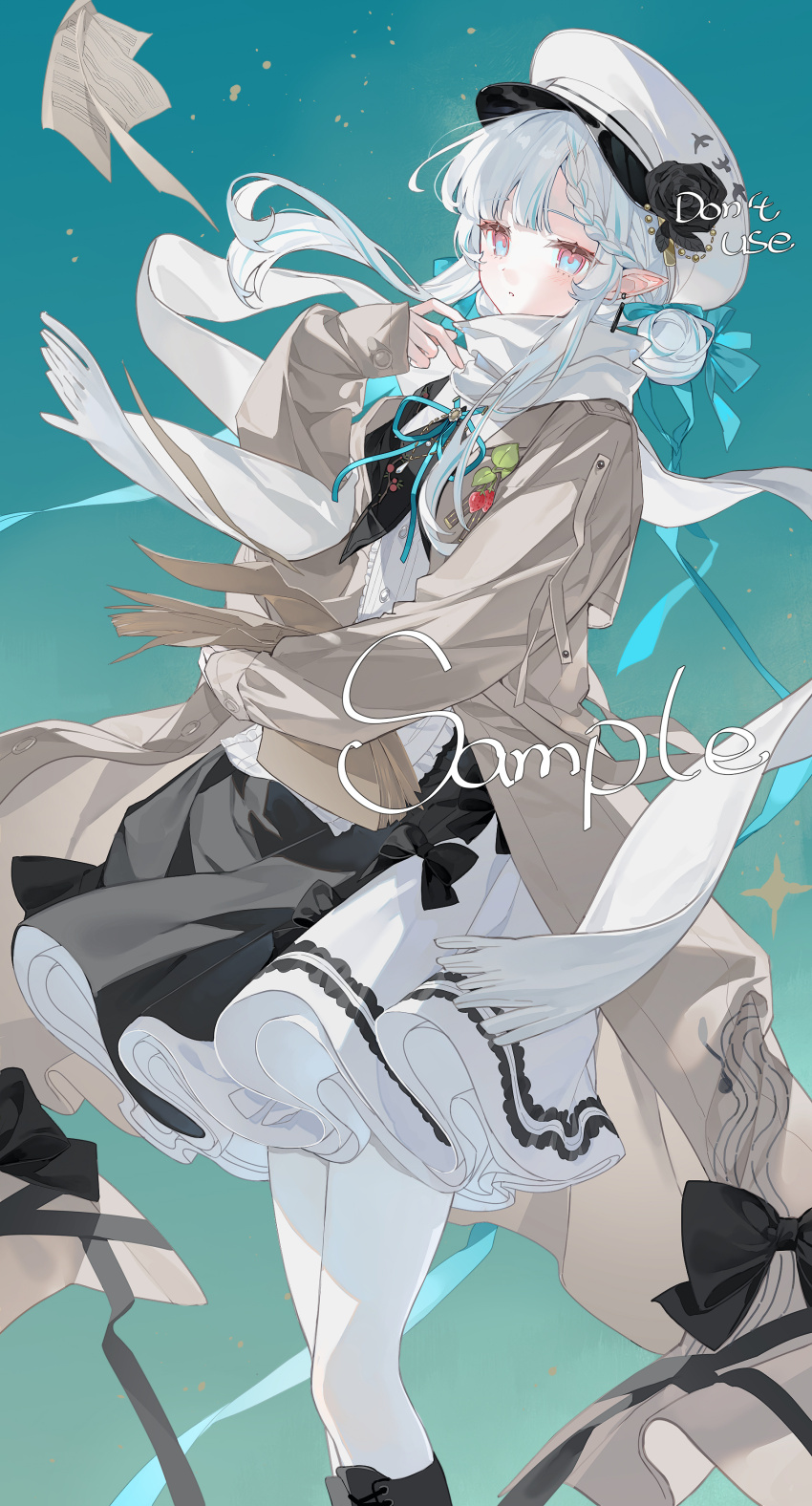 1girl, absurdres, black_bow, blue_eyes, bow, coat, earrings, hat