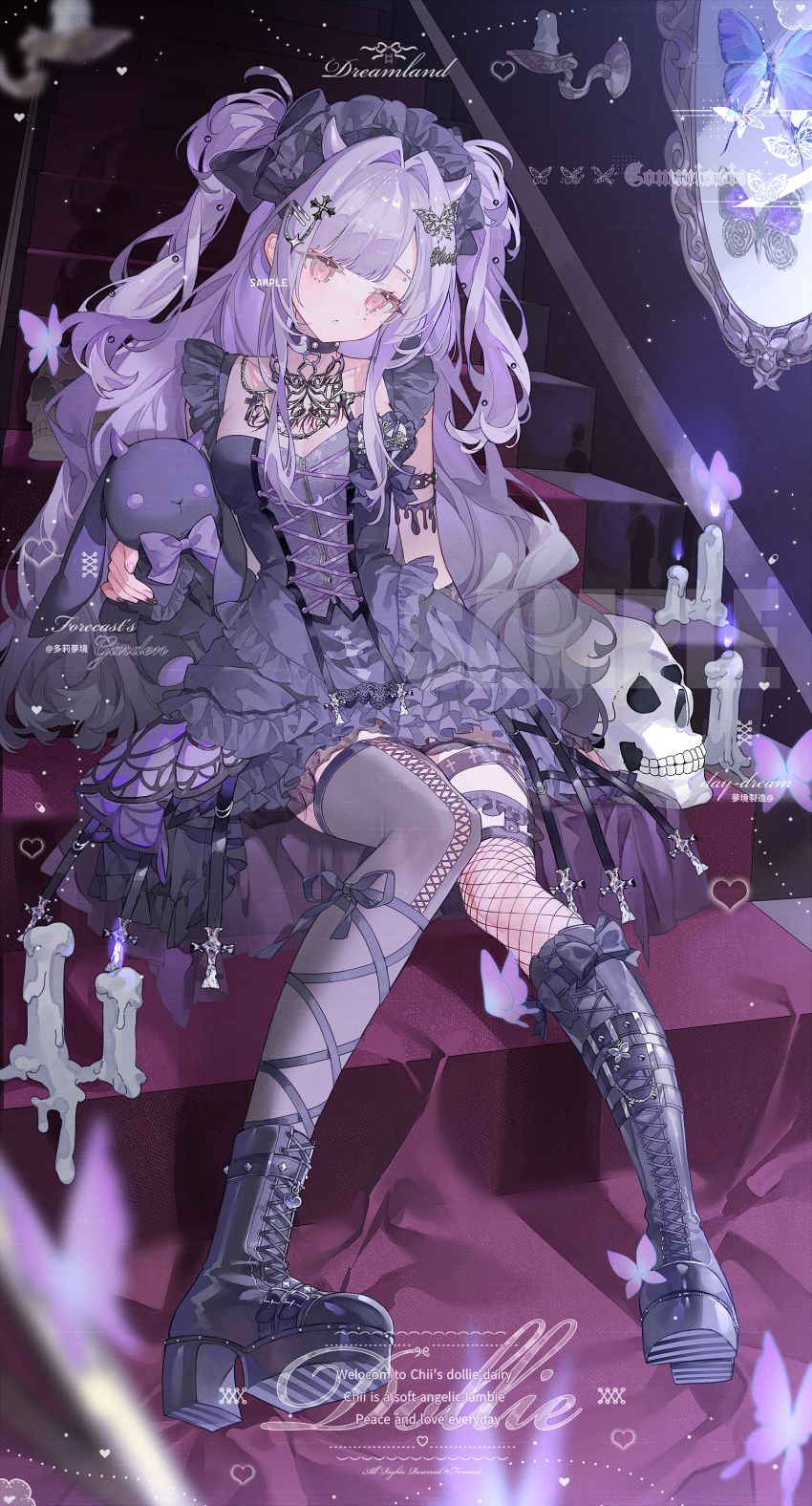 1girl, absurdres, black_dress, boots, bow, bug, butterfly, candle