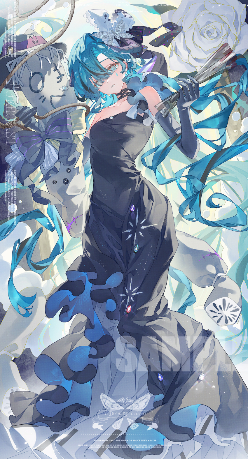 1girl, absurdres, aqua_eyes, aqua_hair, bare_shoulders, black_dress, black_gloves, blue_eyes