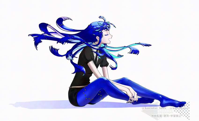 1other, barefoot, black_jacket, black_necktie, black_shorts, blue_hair, blue_nails, blue_skin