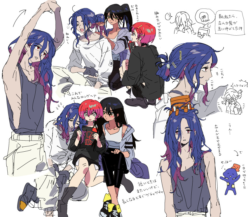 1boy, 2girls, alternate_hair_length, alternate_hairstyle, amate_yuzuriha, aqua_eyes, black_hair, blue_hair