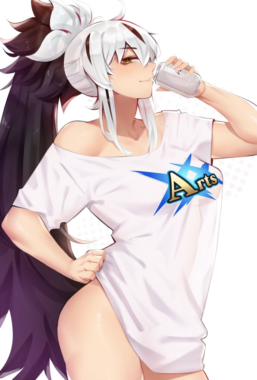 1girl, absurdres, arts_shirt, ass, black_hair, blush, breasts, can