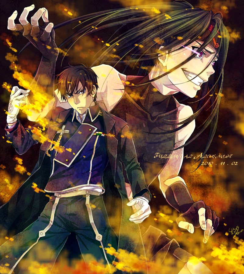 2boys, black_hair, coat, envy_(fma), fingerless_gloves, fire, fullmetal_alchemist, gloves
