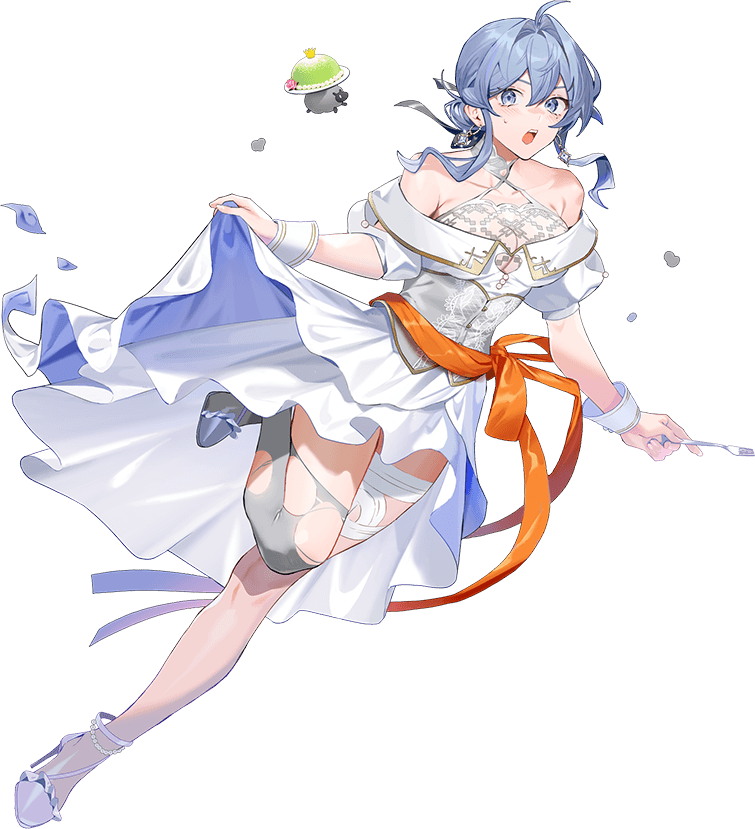 1girl, asymmetrical_legwear, blue_eyes, blue_hair, breasts, cleavage, clothes_lift, collarbone, dress, drew_(drew213g), fork, full_body, gotland_(anniversary)_(kancolle), gotland_(kancolle), hair_between_eyes, hair_bun, kantai_collection, large_breasts, looking_at_viewer, mismatched_legwear, mole, mole_under_eye, official_art, orange_ribbon, ribbon, sheep, single_hair_bun, skirt, skirt_lift, smile, solo, thighhighs, torn_clothes, torn_thighhighs, transparent_background, white_dress