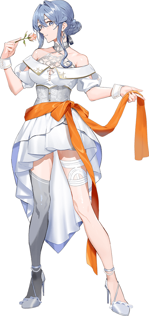 1girl, asymmetrical_legwear, blue_eyes, blue_hair, breasts, collarbone, dress, drew_(drew213g), flower, full_body, gotland_(anniversary)_(kancolle), gotland_(kancolle), hair_between_eyes, hair_bun, kantai_collection, large_breasts, looking_at_viewer, mismatched_legwear, mole, mole_under_eye, official_art, orange_ribbon, ribbon, single_hair_bun, skirt, smile, solo, transparent_background, white_dress