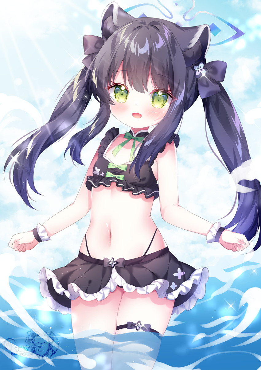 1girl, animal_ear_fluff, animal_ears, bikini, black_bikini, black_hair, blue_archive, blue_halo