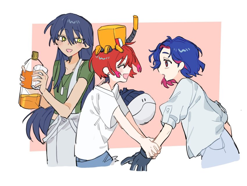 1boy, 2girls, amate_yuzuriha, blue_hair, blush, bottle, colored_inner_hair, gloves