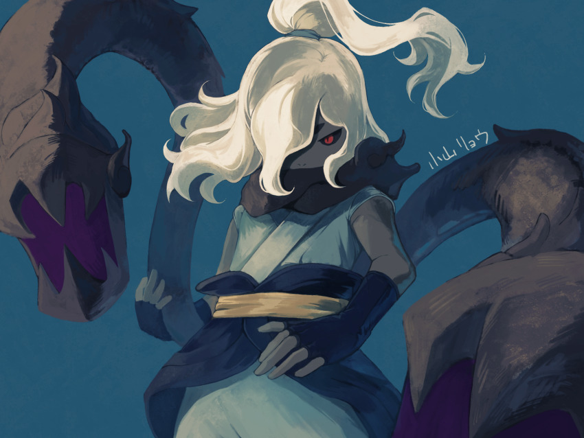 1boy, aqua_background, artist_name, black_sclera, black_skin, colored_sclera, colored_skin, fingerless_gloves