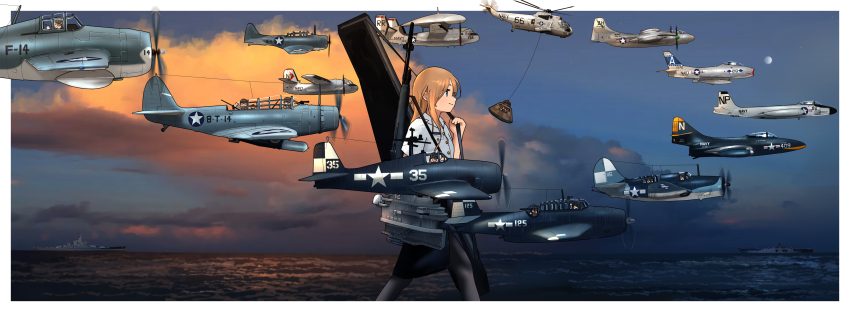 6+girls, absurdres, aircraft, airplane, alternate_hair_color, amphibious_helicopter, battleship, black_pantyhose