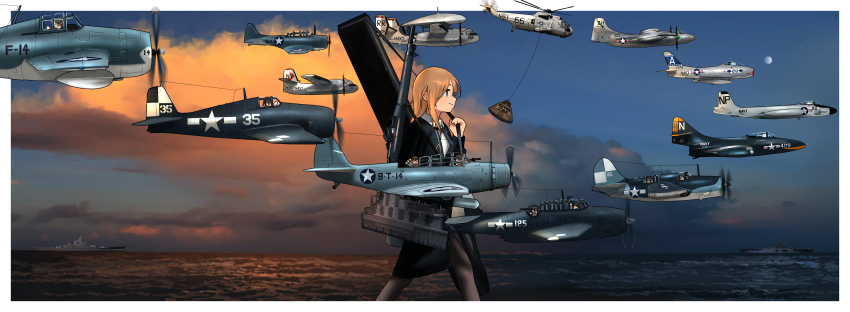 6+girls, absurdres, aircraft, airplane, alternate_hair_color, amphibious_helicopter, battleship, black_pantyhose