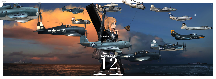 6+girls, absurdres, aircraft, airplane, alternate_hair_color, amphibious_helicopter, anniversary, battleship