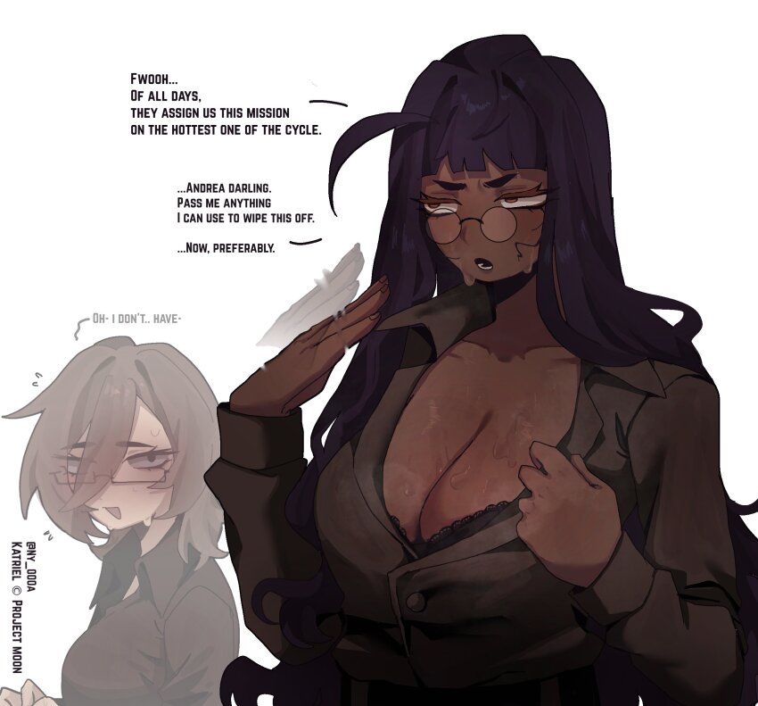 2girls, ahoge, andrea_(ny_000a), black_bra, bra, breasts, brown_hair, glasses