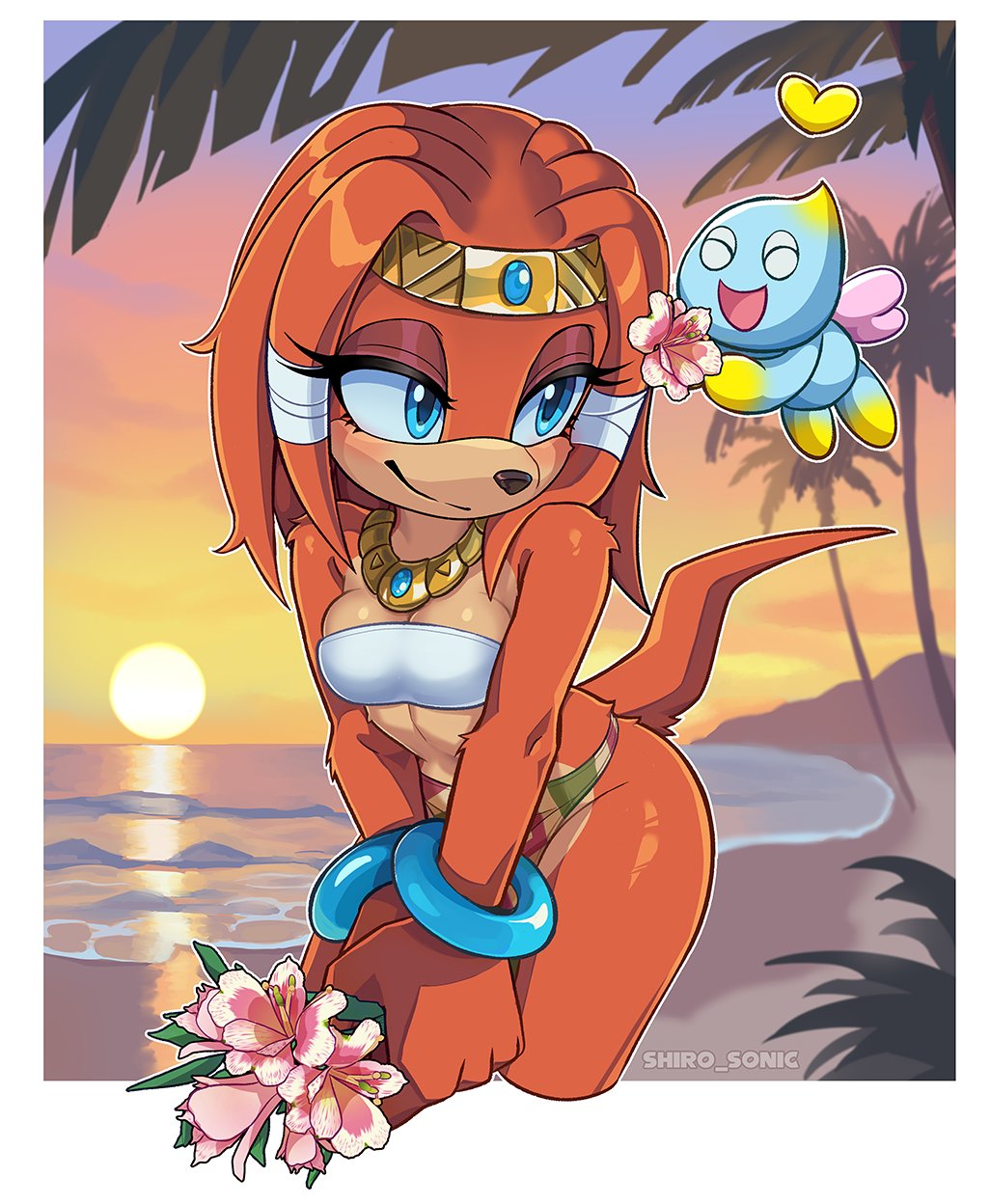 1girl, 1other, animal_nose, artist_name, bandages, bandeau, bare_shoulders, beach, blue_eyes, blue_gem, blush, body_fur, bracelet, breasts, circlet, cleavage, cropped_legs, eyelashes, flower, furry, furry_female, gem, gold_circlet, gold_necklace, hair_flower, hair_ornament, highres, holding, holding_flower, horizon, jewelry, light_blush, looking_at_another, necklace, neutral_chao, orange_fur, palm_leaf, palm_tree, shirogahara, smile, sonic_(series), sonic_adventure, strapless, sun, sunset, tail, tikal_the_echidna, tree, tropical, tube_top, water