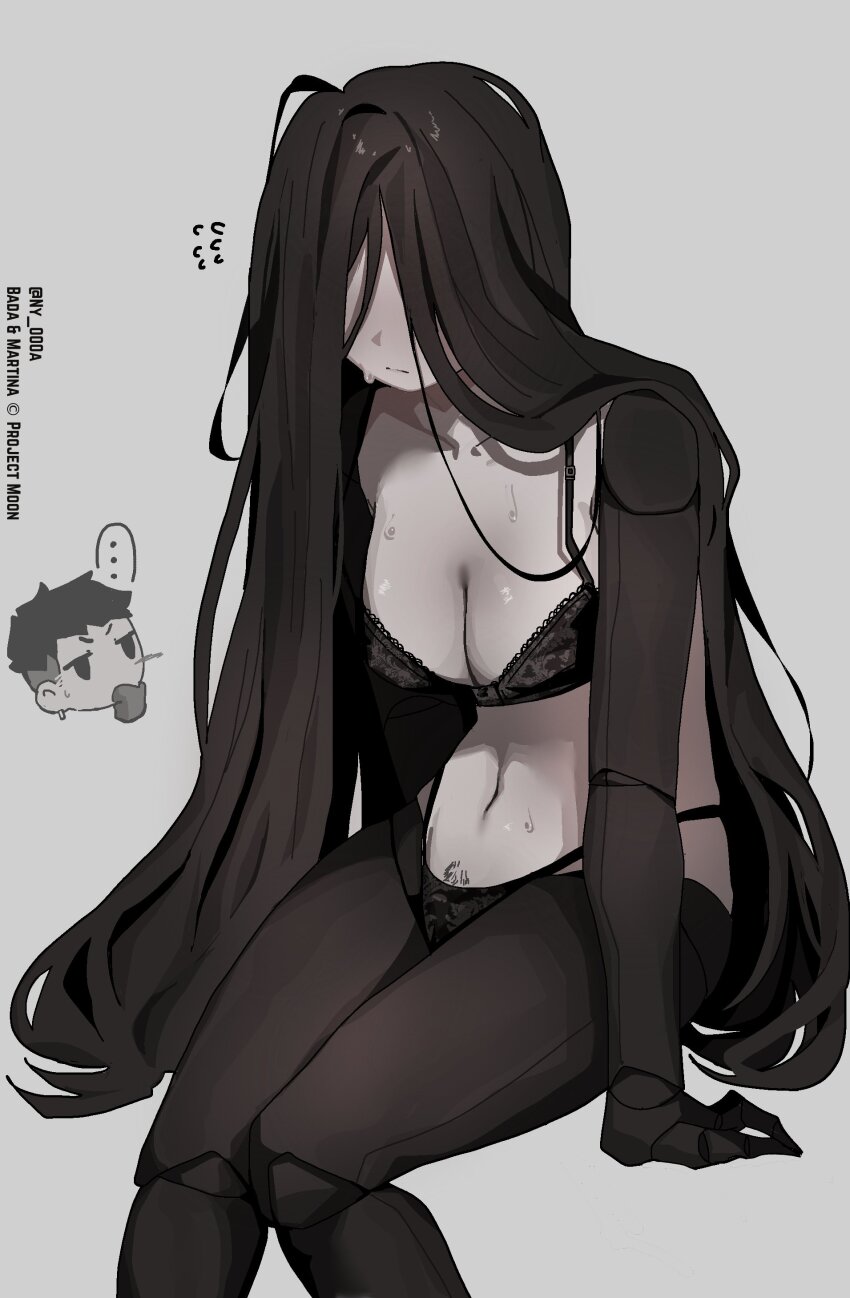 ..., 1girl, absurdres, amputee, bada_(project_moon), black_bra, black_hair, black_panties, bra, breasts, highres, lace, lace_bra, lace_panties, large_breasts, library_of_ruina, long_hair, martina_(project_moon), navel, ny_000a, panties, project_moon, prosthesis, prosthetic_arm, prosthetic_leg, quadruple_amputee, solo_focus, speech_bubble, underwear, very_long_hair