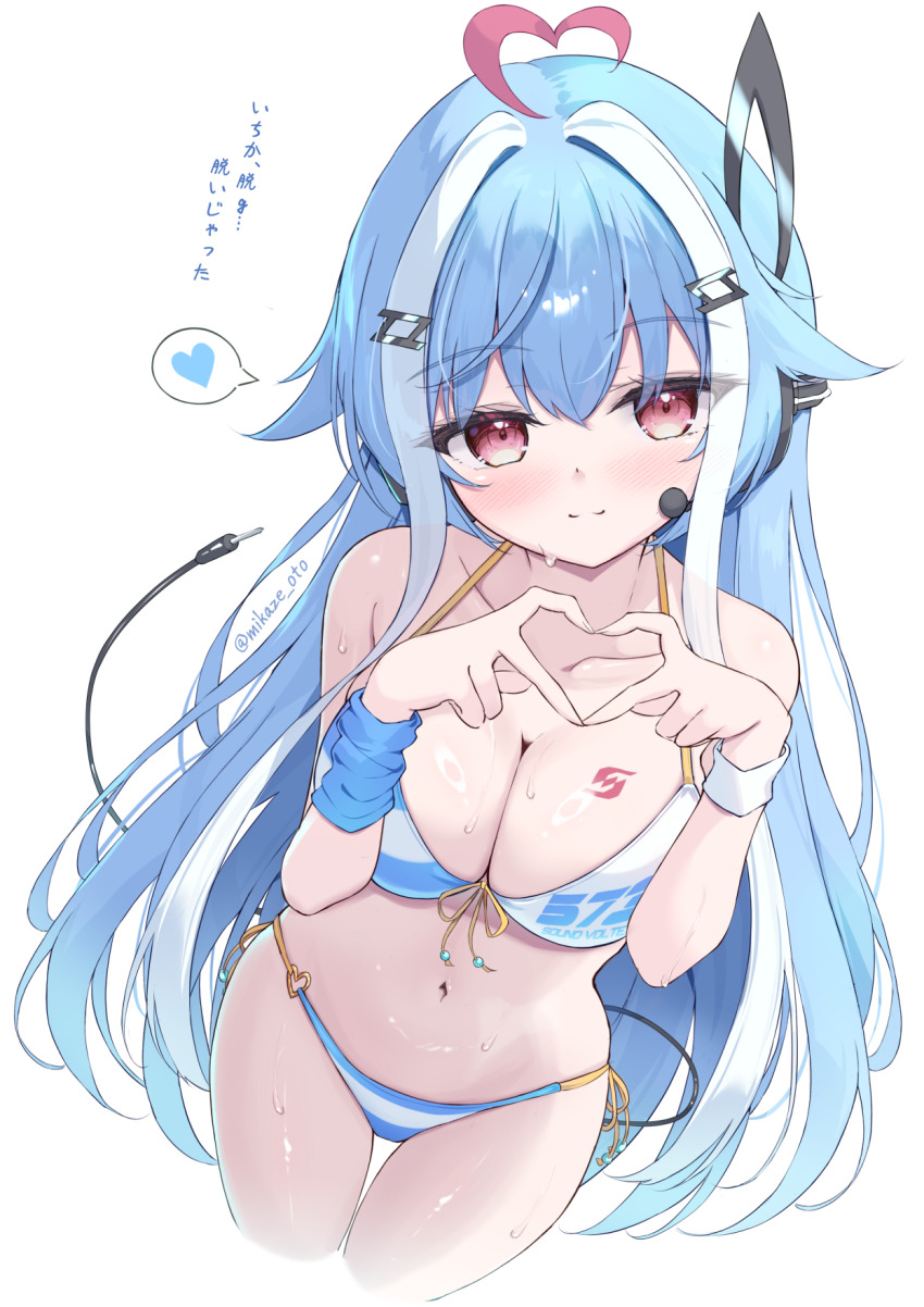 1girl, ahoge, audio_cable, audio_jack, bare_shoulders, bemani, bikini, blue_hair