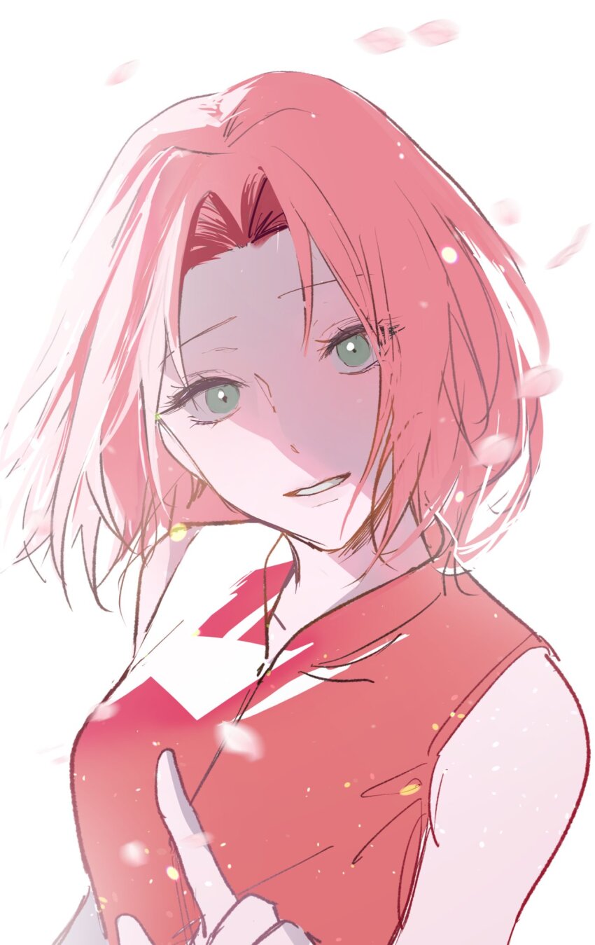 1girl, cherry_blossoms, collared_shirt, falling_petals, green_eyes, happy_birthday, haruno_sakura, head_tilt