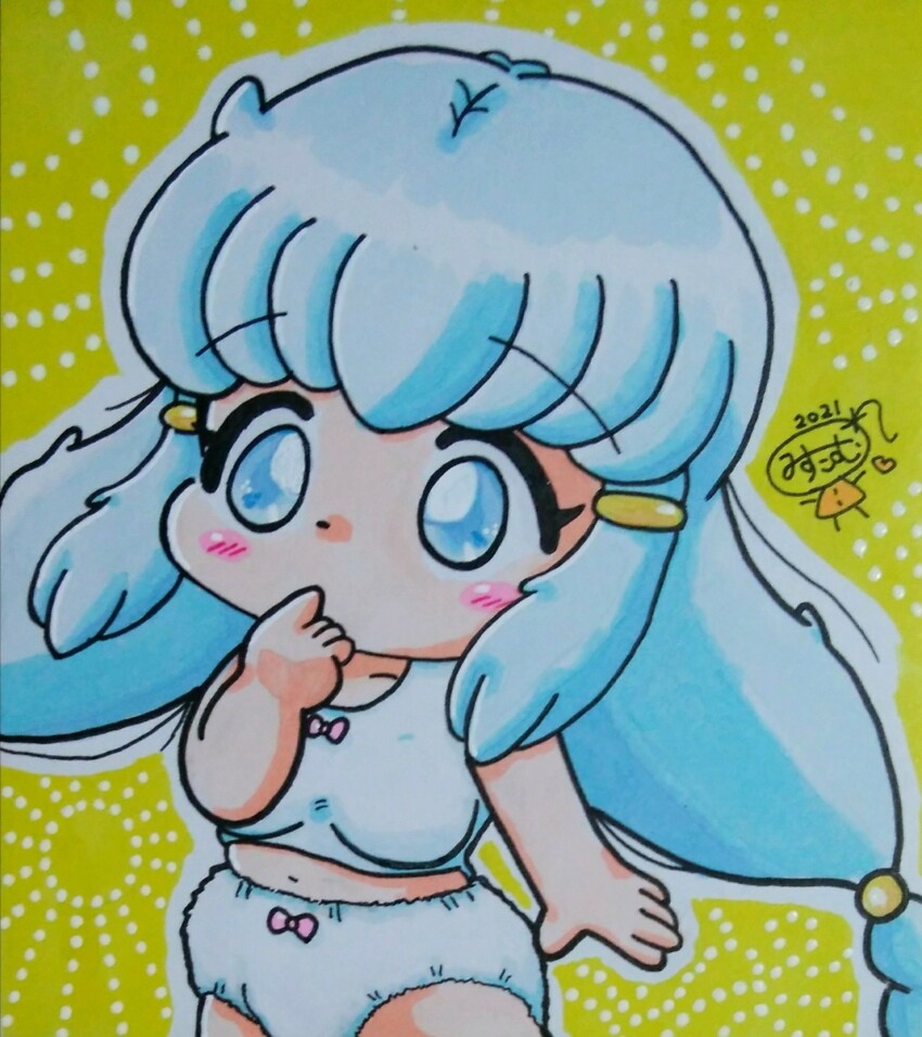 1girl, 2021, 20s, blue_eyes, blue_hair, blush, bow, bow_bra, bow_panties, bra, breasts, collarbone, finger_to_mouth, green_background, hair_bobbles, hair_ornament, hairclip, heart, highres, loli, long_hair, looking_at_viewer, low_twintails, misukomu_plus, navel, original, panties, pink_bow, polka_dot, polka_dot_background, small_breasts, standing, twintails, underwear, white_bra, white_panties